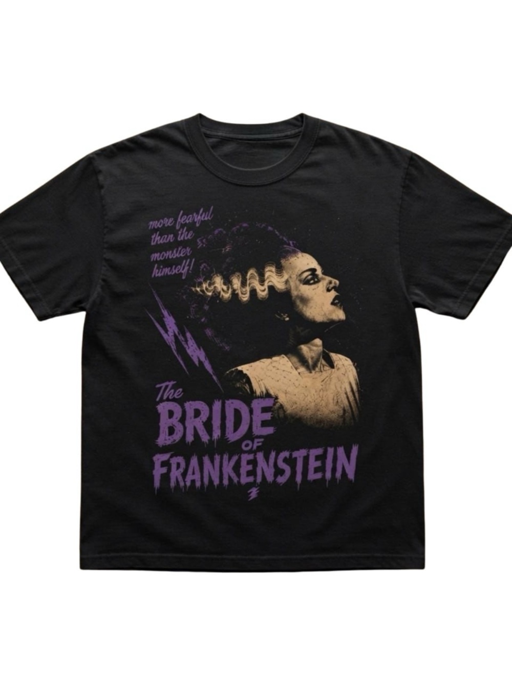 Black Bride of Frankenstein Graphic Tee with Purple and Cream Print